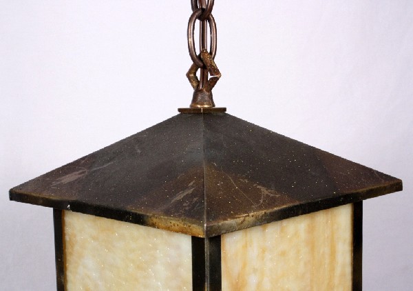 SOLD Fabulous Antique Brass Arts & Crafts Lantern Pendant Light, Original Amber Slag Glass-17447