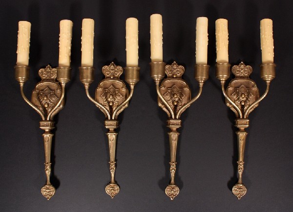 SOLD Striking Set of Four Antique Cast Brass Gothic Revival Double-Arm Sconces, c. 1910-0
