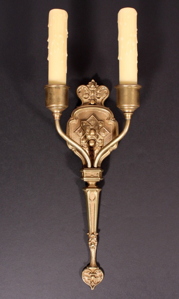SOLD Striking Set of Four Antique Cast Brass Gothic Revival Double-Arm Sconces, c. 1910-17451