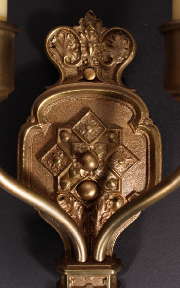 SOLD Striking Set of Four Antique Cast Brass Gothic Revival Double-Arm Sconces, c. 1910-17452