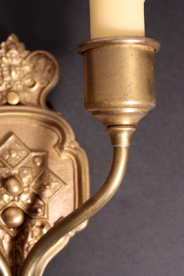 SOLD Striking Set of Four Antique Cast Brass Gothic Revival Double-Arm Sconces, c. 1910-17453