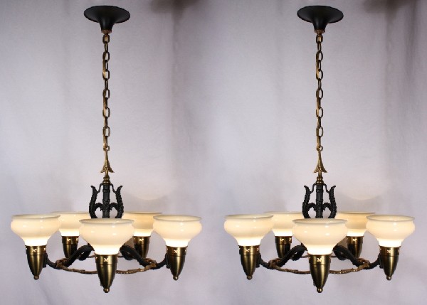 SOLD Matching Pair of Antique Art Deco Five-Light Brass Chandeliers, Signed Levolite, Original Sit-In Shades-0