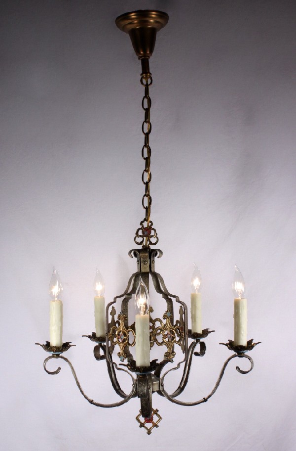 SOLD Splendid Antique Five-Light Chandelier, Original Polychrome Finish, Iron & Brass-0