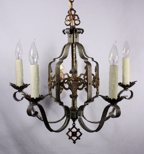 SOLD Splendid Antique Five-Light Chandelier, Original Polychrome Finish, Iron & Brass-17459