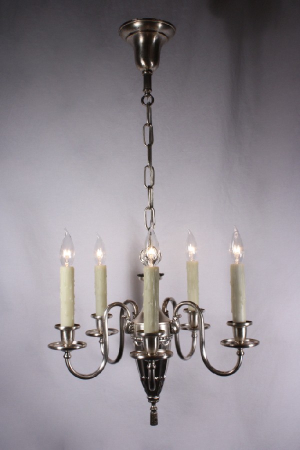 SOLD Beautiful Antique Neoclassical Five-Light Silver Plated Chandelier, c. 1910-0