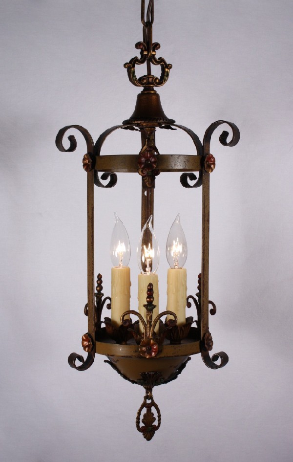 SOLD Handsome Antique Spanish Revival Three-Light Pendant with Original Polychrome Finish-0