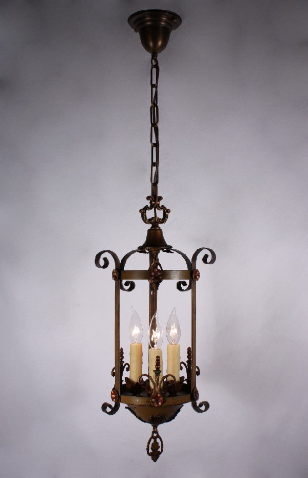 SOLD Handsome Antique Spanish Revival Three-Light Pendant with Original Polychrome Finish-17475