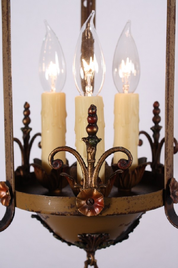 SOLD Handsome Antique Spanish Revival Three-Light Pendant with Original Polychrome Finish-17476