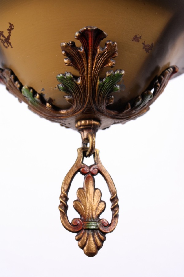 SOLD Handsome Antique Spanish Revival Three-Light Pendant with Original Polychrome Finish-17477