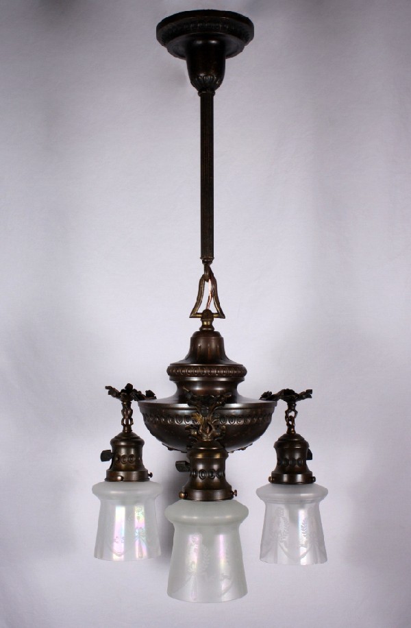 SOLD Amazing Antique Neoclassical Three-Light Brass Chandelier, Original Iridescent Shades-17483