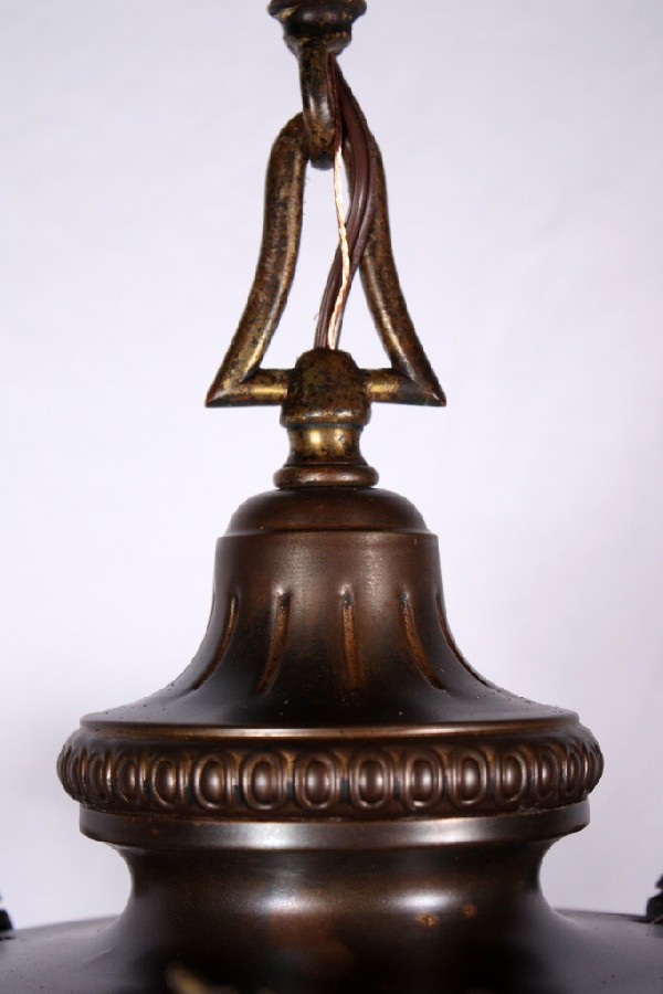 SOLD Amazing Antique Neoclassical Three-Light Brass Chandelier, Original Iridescent Shades-17486