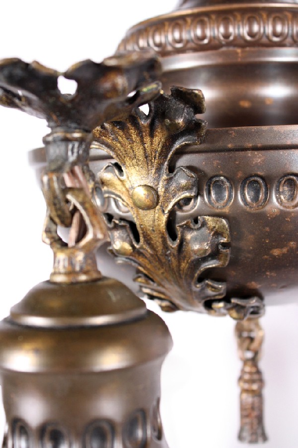 SOLD Amazing Antique Neoclassical Three-Light Brass Chandelier, Original Iridescent Shades-17487