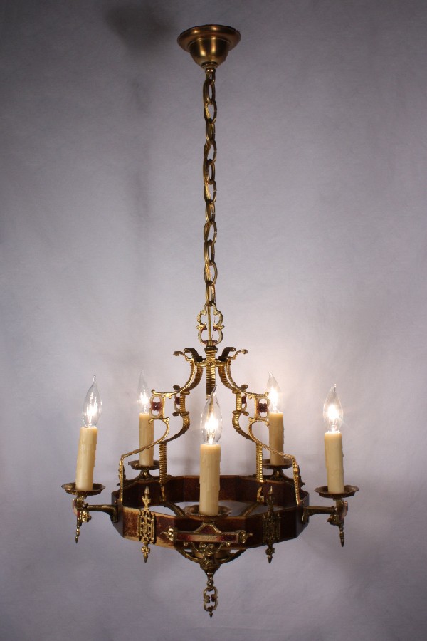 SOLD Magnificent Antique Five-Light Iron & Brass Chandelier with Original Polychrome Finish-0