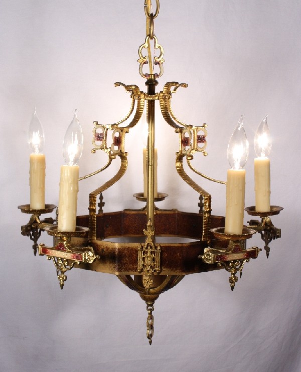 SOLD Magnificent Antique Five-Light Iron & Brass Chandelier with Original Polychrome Finish-17491