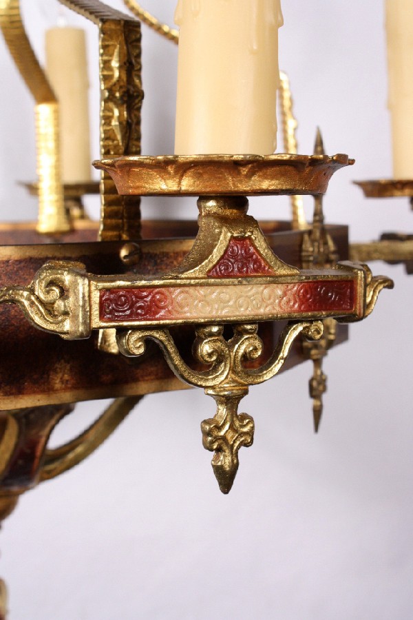 SOLD Magnificent Antique Five-Light Iron & Brass Chandelier with Original Polychrome Finish-17492