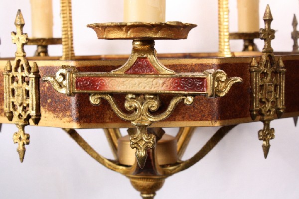 SOLD Magnificent Antique Five-Light Iron & Brass Chandelier with Original Polychrome Finish-17495