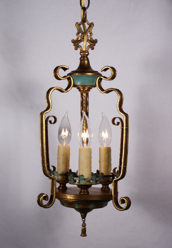 SOLD Lovely Antique Three-Light Cast Brass Pendant with Original Turquoise Polychrome Finish-0