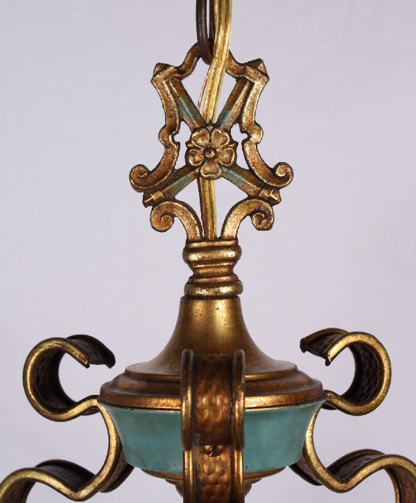 SOLD Lovely Antique Three-Light Cast Brass Pendant with Original Turquoise Polychrome Finish-17507
