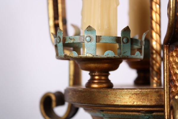 SOLD Lovely Antique Three-Light Cast Brass Pendant with Original Turquoise Polychrome Finish-17508