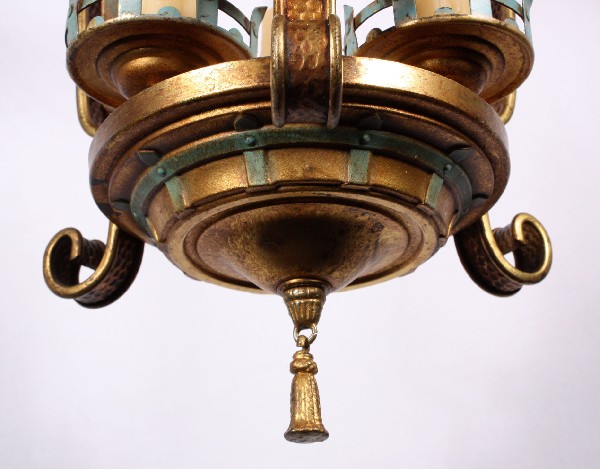 SOLD Lovely Antique Three-Light Cast Brass Pendant with Original Turquoise Polychrome Finish-17510