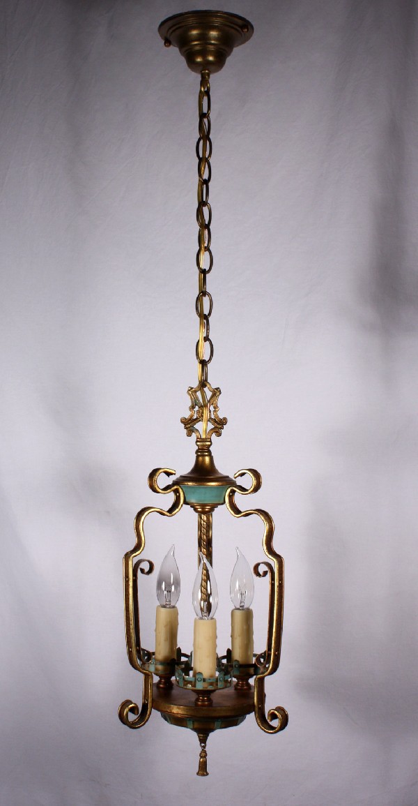 SOLD Lovely Antique Three-Light Cast Brass Pendant with Original Turquoise Polychrome Finish-17511