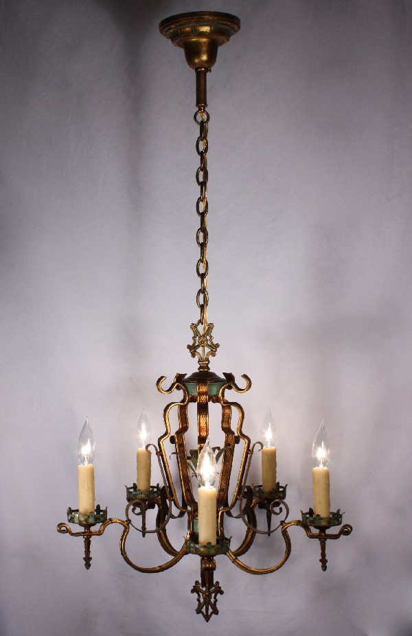 SOLD Fabulous Antique Five-Light Cast Brass Chandelier with Original Turquoise Polychrome Finish-0