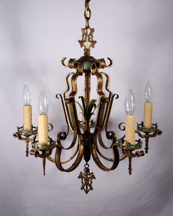 SOLD Fabulous Antique Five-Light Cast Brass Chandelier with Original Turquoise Polychrome Finish-17515