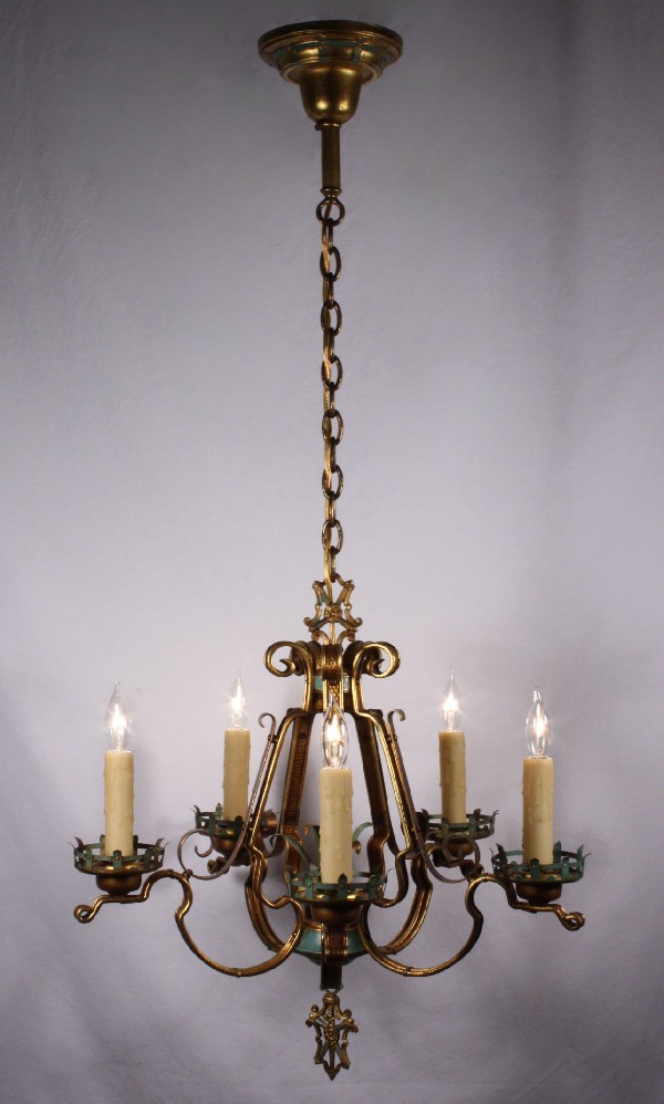 SOLD Remarkable Antique Five-Light Cast Brass Chandelier with Original Turquoise Polychrome Finish-0