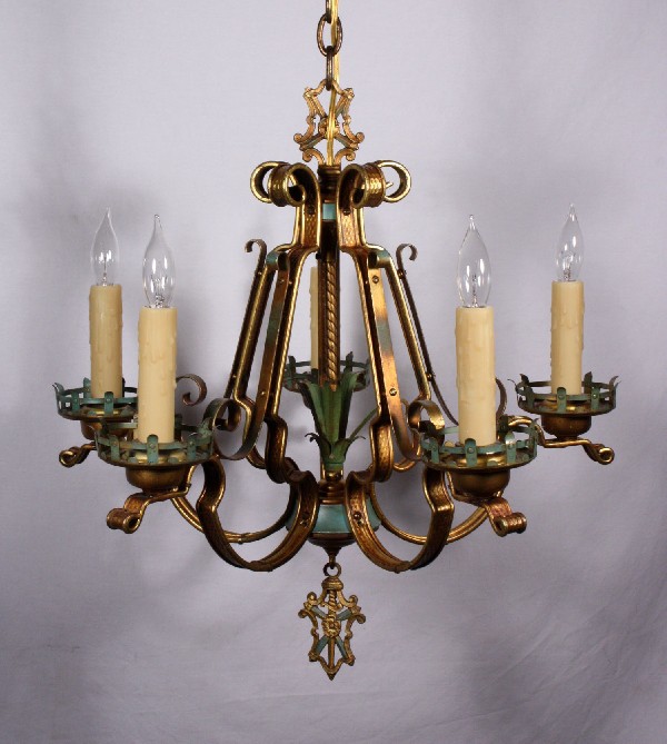 SOLD Remarkable Antique Five-Light Cast Brass Chandelier with Original Turquoise Polychrome Finish-17523