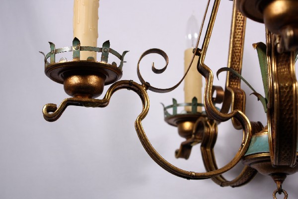 SOLD Remarkable Antique Five-Light Cast Brass Chandelier with Original Turquoise Polychrome Finish-17524