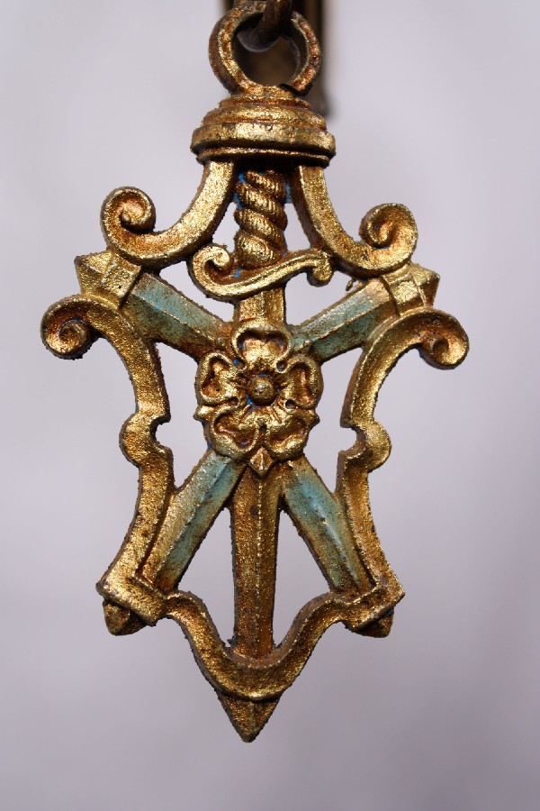SOLD Remarkable Antique Five-Light Cast Brass Chandelier with Original Turquoise Polychrome Finish-17525