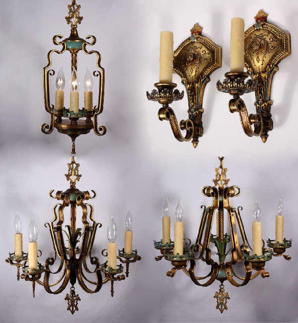 SOLD Remarkable Antique Five-Light Cast Brass Chandelier with Original Turquoise Polychrome Finish-17529