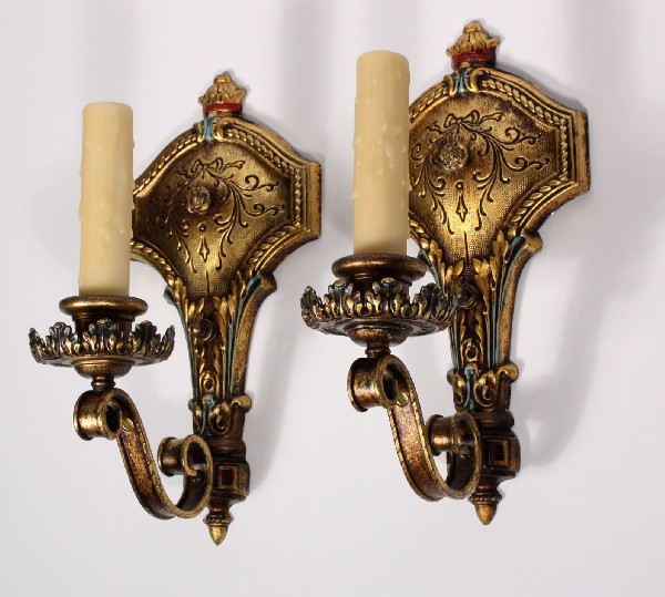 SOLD Wonderful Pair of Antique Polychrome Brass Single-Arm Sconces, Turquoise, Matching Chandeliers Available-0