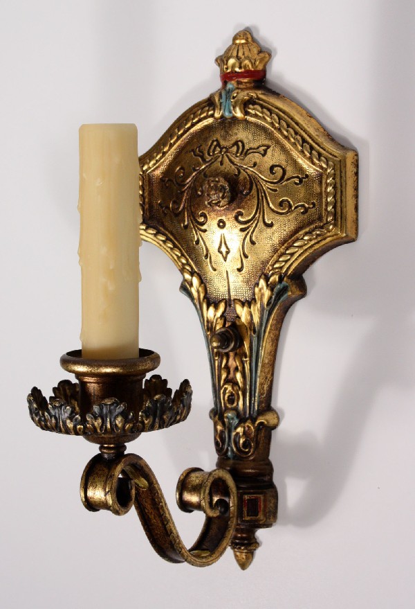 SOLD Wonderful Pair of Antique Polychrome Brass Single-Arm Sconces, Turquoise, Matching Chandeliers Available-17531