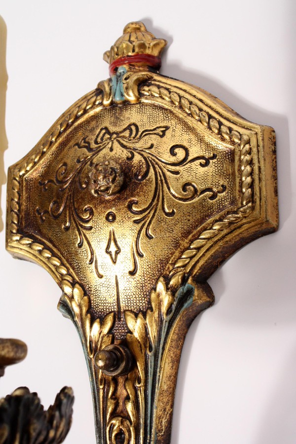 SOLD Wonderful Pair of Antique Polychrome Brass Single-Arm Sconces, Turquoise, Matching Chandeliers Available-17532