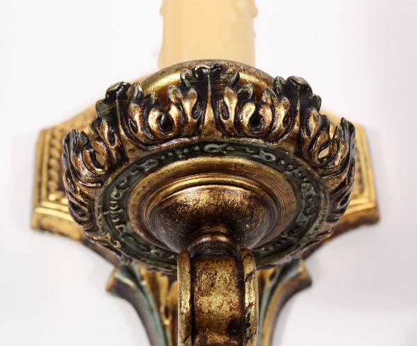 SOLD Wonderful Pair of Antique Polychrome Brass Single-Arm Sconces, Turquoise, Matching Chandeliers Available-17533