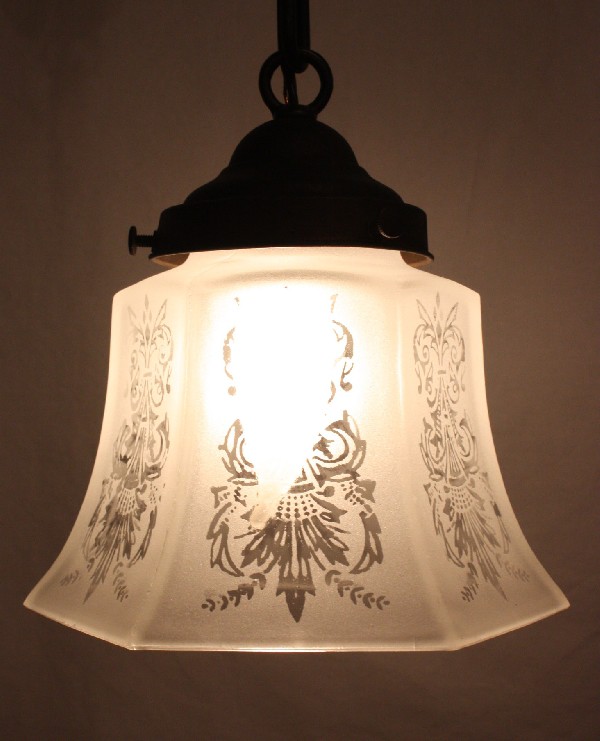 SOLD Lovely Antique Brass Pendant Light Fixture with Original Acid-Etched Shade, c. 1905-0
