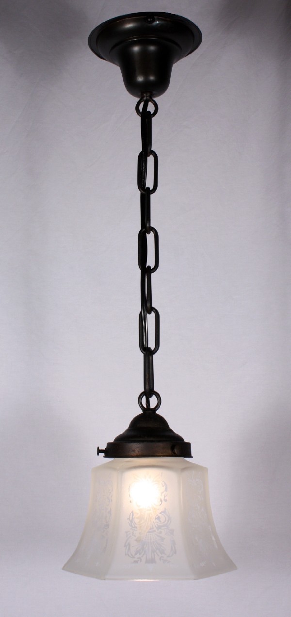 SOLD Lovely Antique Brass Pendant Light Fixture with Original Acid-Etched Shade, c. 1905-17538