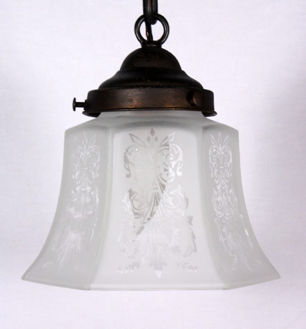 SOLD Lovely Antique Brass Pendant Light Fixture with Original Acid-Etched Shade, c. 1905-17541