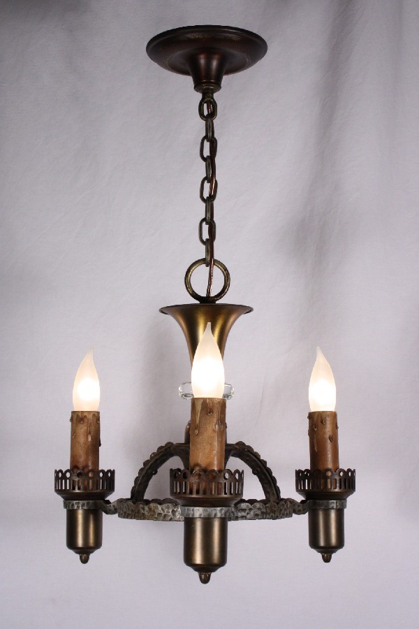SOLD Handsome Antique Three-Light Tudor Chandelier, Cast Iron & Brass-0