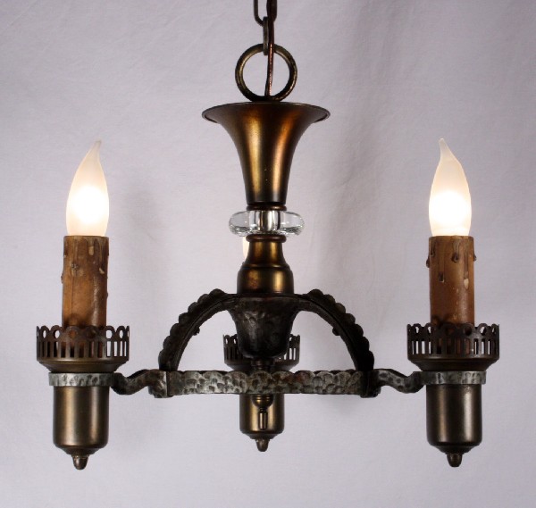 SOLD Handsome Antique Three-Light Tudor Chandelier, Cast Iron & Brass-17554