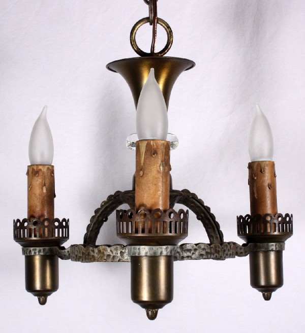 SOLD Handsome Antique Three-Light Tudor Chandelier, Cast Iron & Brass-17559