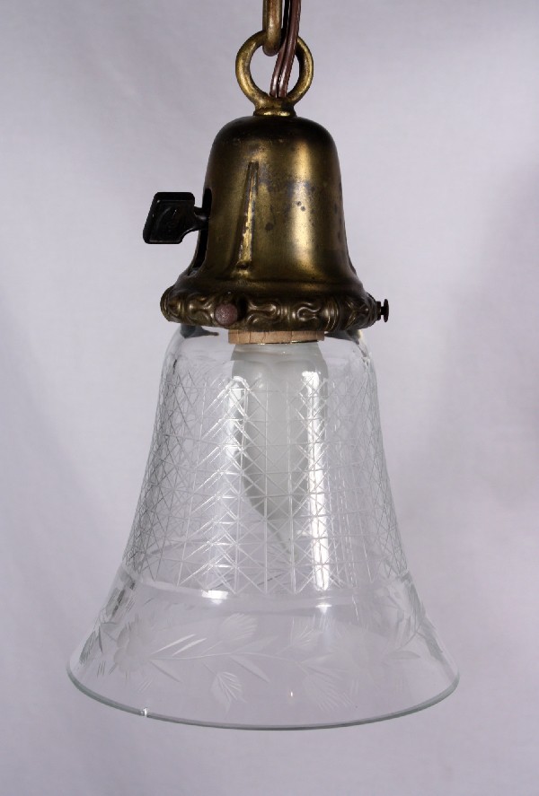 SOLD Beautiful Antique Three-Light Brass Chandelier, c. 1910, Hand Cut Crystal Shades-17562