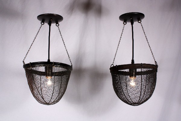 SOLD Unusual Pair of Industrial Light Fixtures Made from Antique Wire Baskets-0