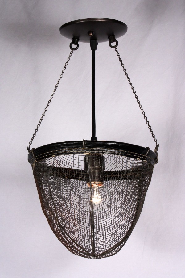 SOLD Unusual Pair of Industrial Light Fixtures Made from Antique Wire Baskets-17569