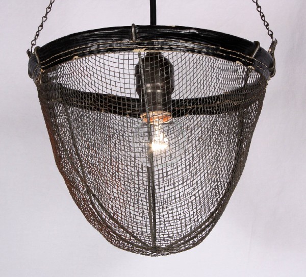 SOLD Unusual Pair of Industrial Light Fixtures Made from Antique Wire Baskets-17574