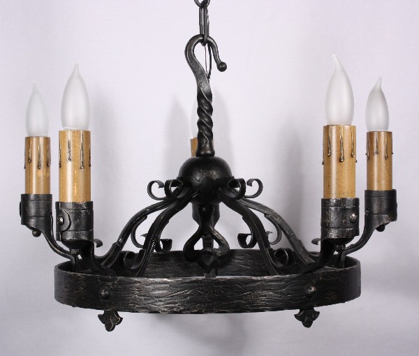 SOLD Striking Antique Iron Five-Light Chandelier with Fleur-de-Lis, c. 1910-17585