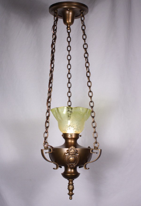 SOLD Wonderful Antique Brass Pendant Light, Original Etched Vaseline Shade, Early 1900’s-0