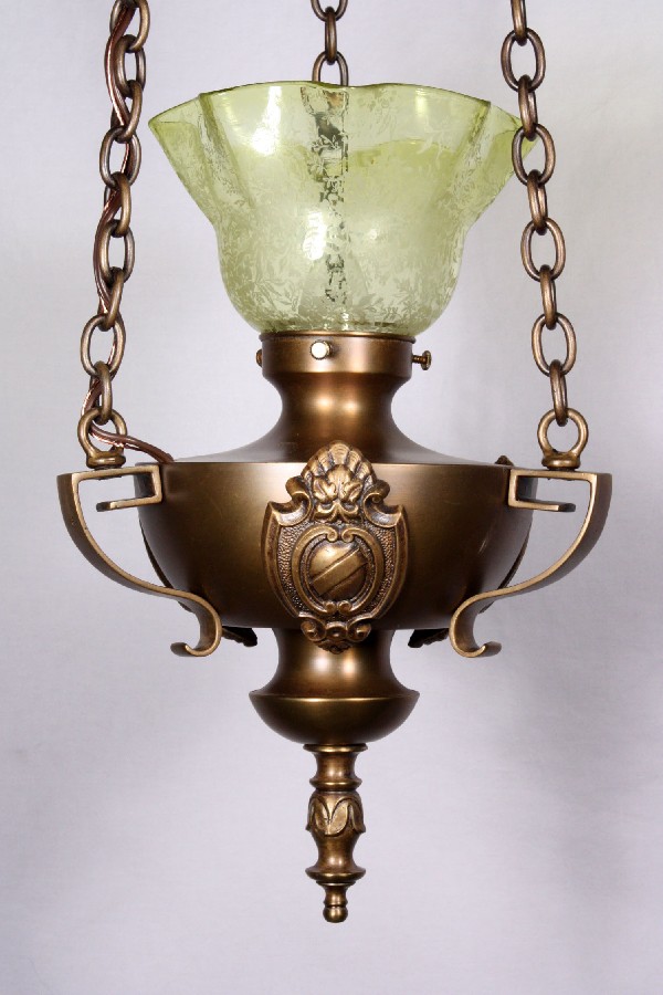 SOLD Wonderful Antique Brass Pendant Light, Original Etched Vaseline Shade, Early 1900’s-17600