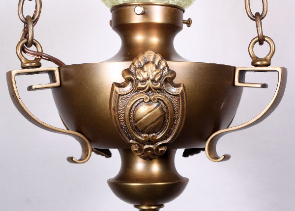 SOLD Wonderful Antique Brass Pendant Light, Original Etched Vaseline Shade, Early 1900’s-17601